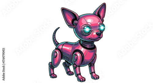 Futuristic robotic chihuahua with glowing eyes and metallic pink body stands alert, a marvel of modern technology and adorable design.