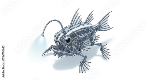 Intricate mechanical anglerfish with glowing lure showcases steampunk innovation and deep-sea mystery for futuristic designs