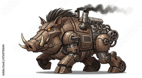 Powerful steampunk wild boar robot charging forward with steam emitting from its back, showcasing intricate mechanical design and aggressive stance