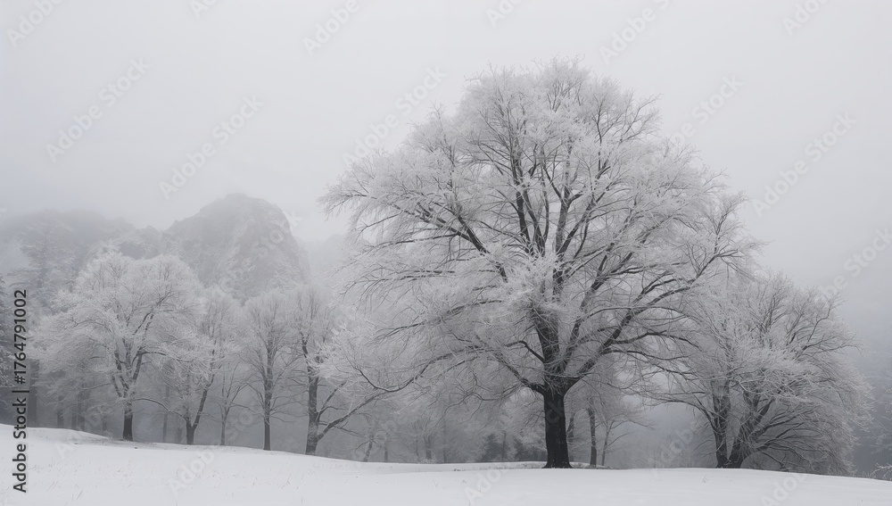 Fototapeta premium A tranquil scene of frost-covered trees enveloped in fog