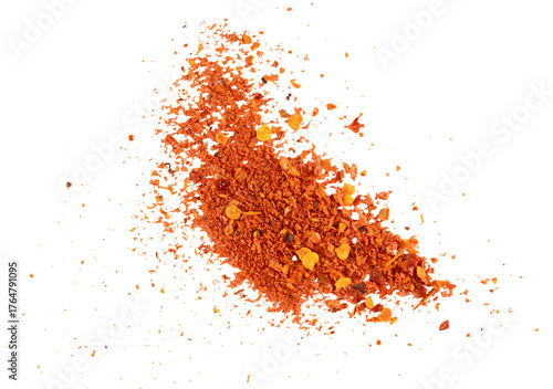 Flying ground red chili powder with crushed flakes, vibrant spicy paprika texture, hot pepper seasoning burst for culinary design and exotic food concept illustration