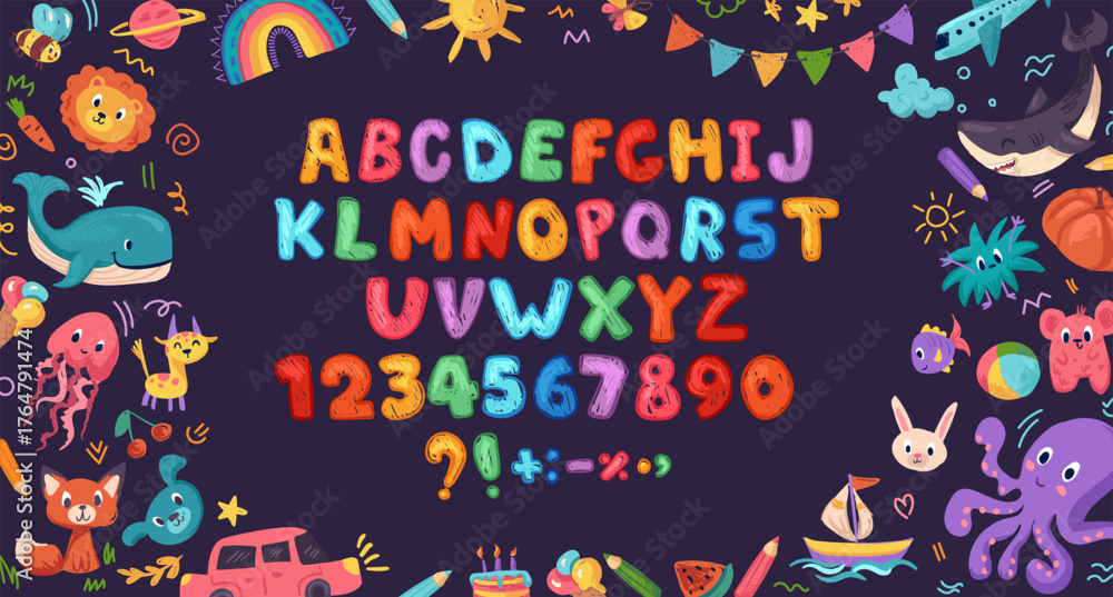 Crayon kids font, doodle funny playful alphabet, hand drawn letters and numbers. School wax crayon abc for educational banners, school, kindergarten. Vector cartoon children illustration