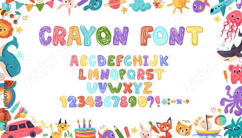 Crayon kids font, doodle funny playful alphabet, hand drawn letters and numbers. School wax crayon abc for educational banners, school, kindergarten. Vector cartoon children illustration