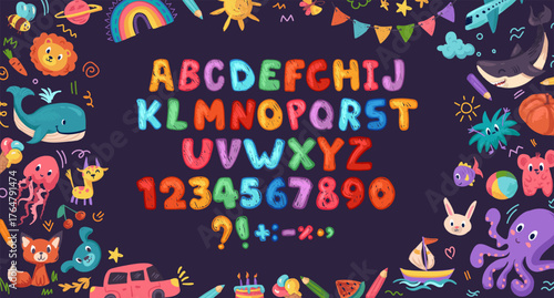Crayon kids font, doodle funny playful alphabet, hand drawn letters and numbers. School wax crayon abc for educational banners, school, kindergarten. Vector cartoon children illustration