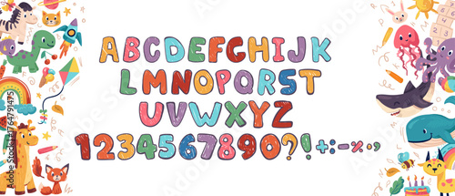 Crayon kids font, doodle funny playful alphabet, hand drawn letters and numbers. School wax crayon abc for educational banners, school, kindergarten. Vector cartoon children illustration