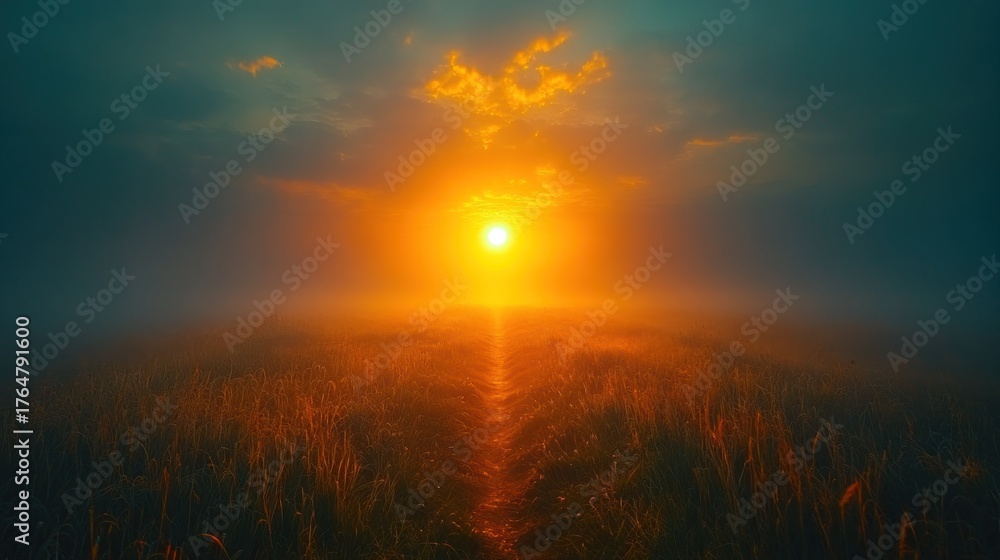 Fototapeta premium Golden path through misty field at sunset