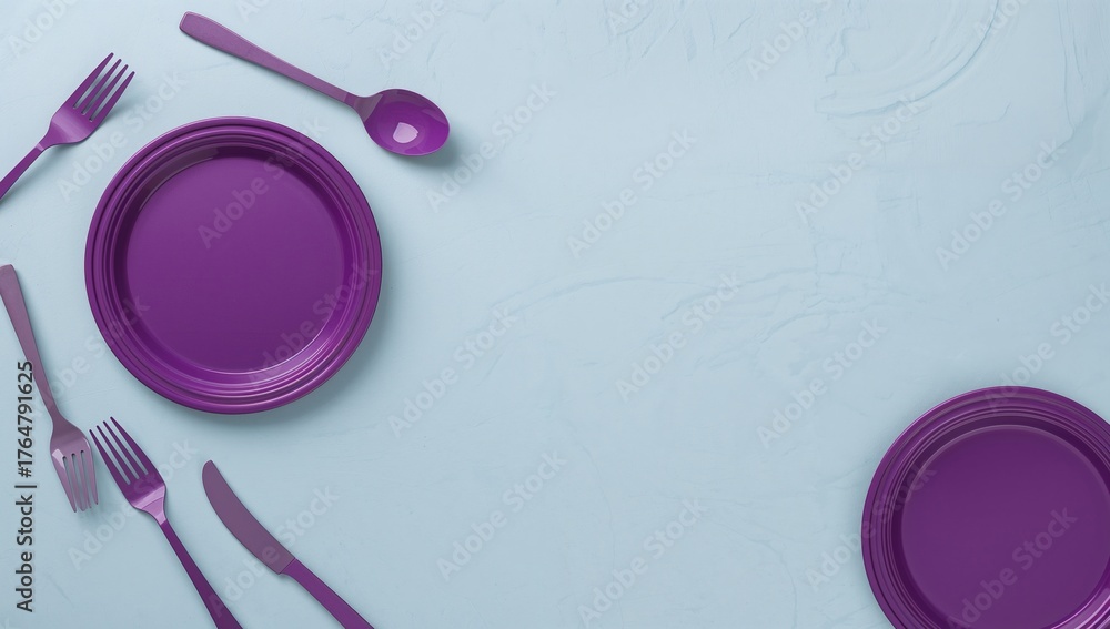 Naklejka premium Bluish backdrop featuring purple plastic cutlery and dinnerware.