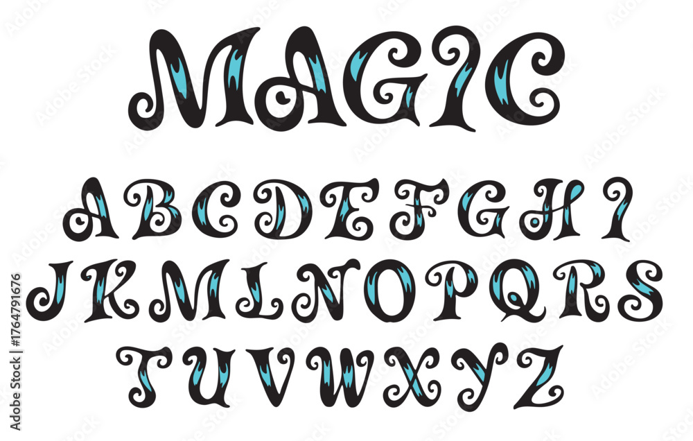 Fototapeta premium Witch Spooky and Magical vector hand drawn alphabet on white background