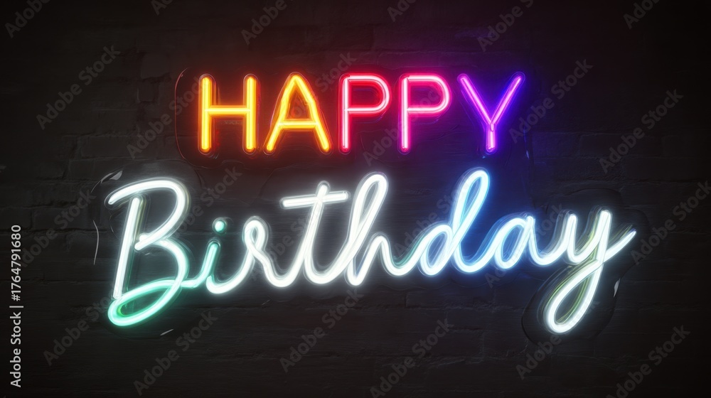 Colorful Neon Happy Birthday Sign on Dark Background for Celebrations and Parties Colorful Neon Happy Birthday Sign on Dark Background for Celebrations and Parties