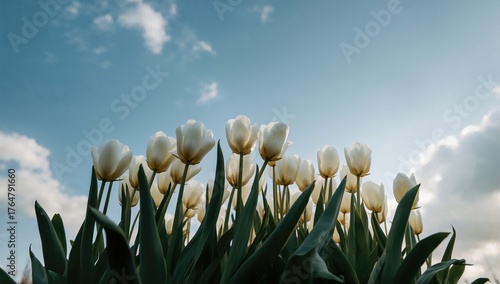 Looking up at blooming whit...