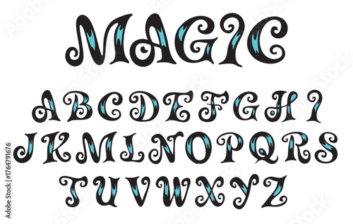 Witch Spooky and Magical vector hand drawn alphabet on white background