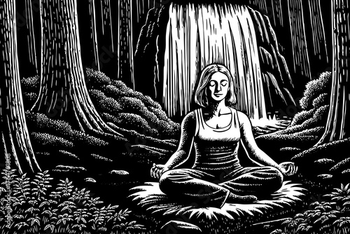 sketch Young woman practicing breathing yoga pranayama outdoors in moss forest on background of waterfall black and white
