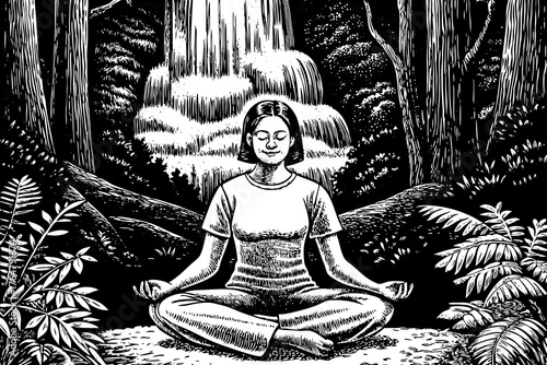 sketch Young woman practicing breathing yoga pranayama outdoors in moss forest on background of waterfall black and white