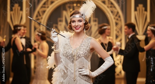 A woman in a 1920s flapper dress at a party.