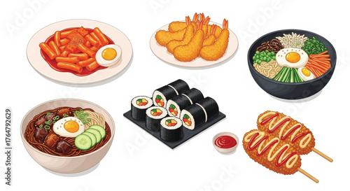 An assortment of popular Korean dishes including tteokbokki, fried shrimp, bibimbap, jajangmyeon, gimbap, and corndogs, presented on a white background.