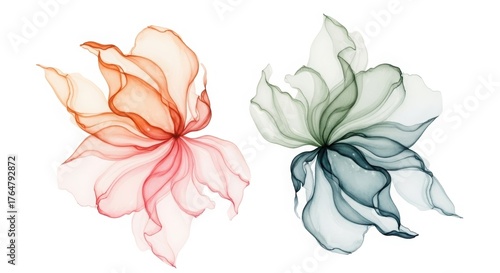 Ethereal Translucent Floral Watercolor Forms. Delicate Peach Pink and Teal Green Blossoms. Fiery and Cool Balanced Floral Composition.