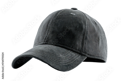 Dark gray washed cotton baseball cap with stitched details on black headwear clothing, Isolated On Transparent Background, Png Cut Out