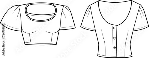 Fashion vector illustration of two stylish women crop tops with puff sleeves and scoop neck design, modern blouse technical drawing.