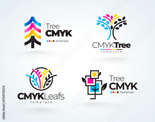 Set logos Printing theme. Abstract Tree Cmyk Colors. Template design vector. White background