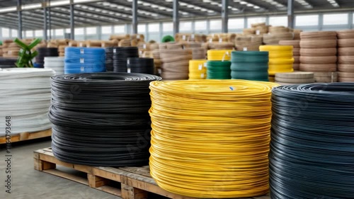 Colorful wire rolls organized in a warehouse showcase different types of wire material stored neatly on wooden pallets