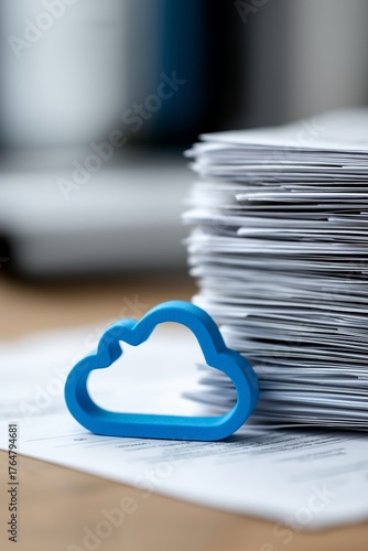 Close up of a blue cloud icon next to a tall stack of documents on a desk, symbolizing cloud storage, digital data management and modern document workflow