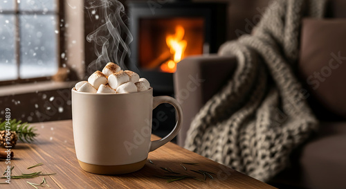 Wallpaper Mural A creamy mug filled with marshmallows sits on a table with a fireplace and snowy window in the background. Torontodigital.ca