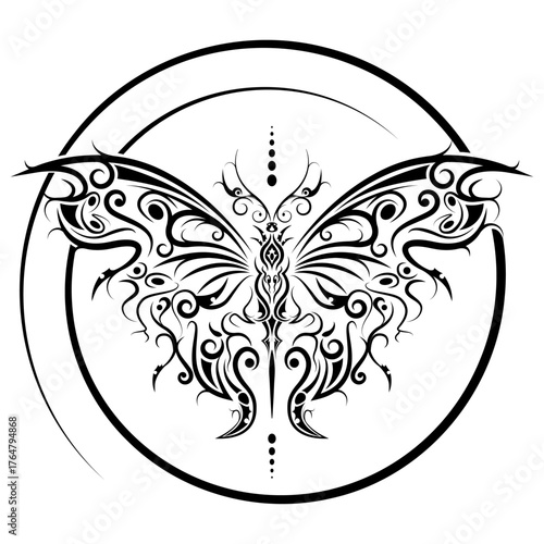 Gothic butterfly, spiral cybersigilism illustration of butterfly combining neo-tribal, and futuristic influences. Good for tattoos, dark art posters, fashion designs, album covers,  isolated on white