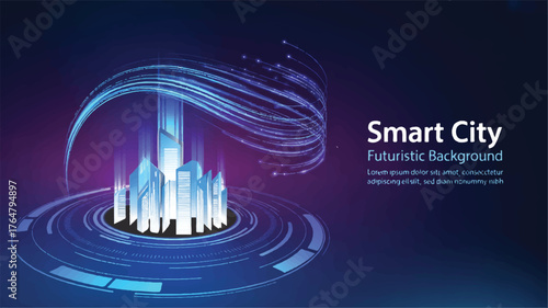 Futuristic city skyline glowing blue digital illustration