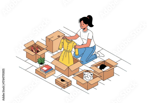 Woman packing a yellow dress into a box isolated on transparent background