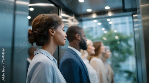 Wallpaper Mural A diverse group of office employees standing together in a modern glass elevator, representing corporate culture, teamwork, professional attire, and daily workplace interactions in a business Torontodigital.ca