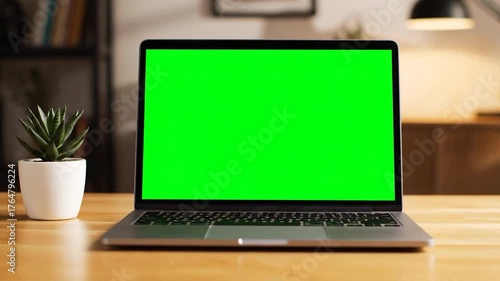 A laptop with a blank green screen sits on a wooden desk, with a succulent plant to the left