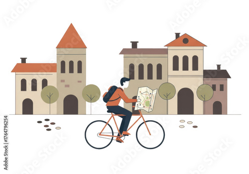 Illustration of a person riding a bicycle in front of buildings isolated on transparent background