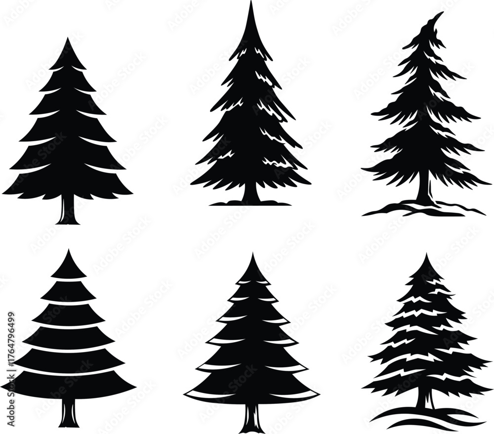 Obraz premium Elegant pine tree silhouettes for winter holidays and nature projects, perfect for logos, invitations, and festive designs with evergreen charm