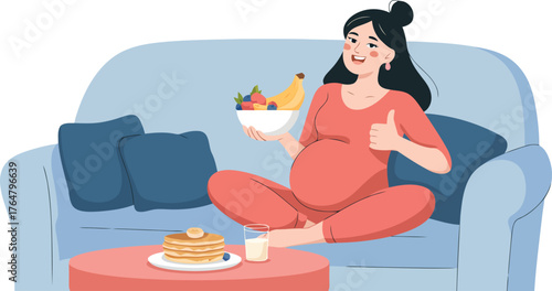 Smiling pregnant woman eating fruit and pancakes on couch