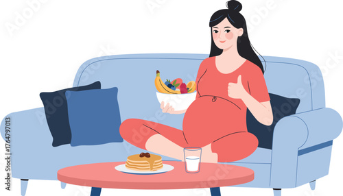 Pregnant woman enjoying healthy food and pancakes on the couch