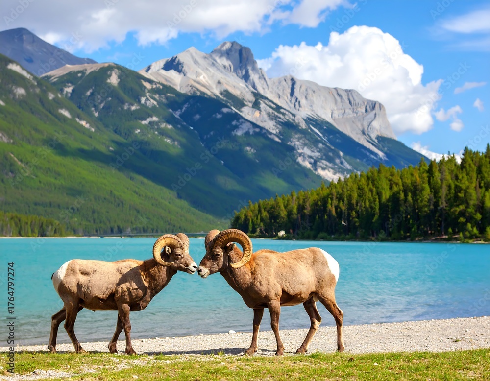 Naklejka premium Two bighorn sheep by a lake