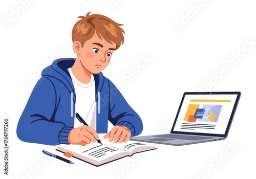 Illustration of a boy studying with a laptop isolated on transparent background
