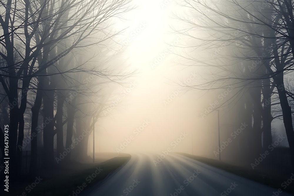 Obraz premium Generative AI Ethereal road leading into a bright foggy dawn.