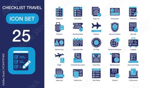 Checklist Travel set of icon in duotone style. Checklist Travel user interface icon collection. Containing clipboard, document, page list, checkmark, notebook, suitcase and more. Editable Stroke