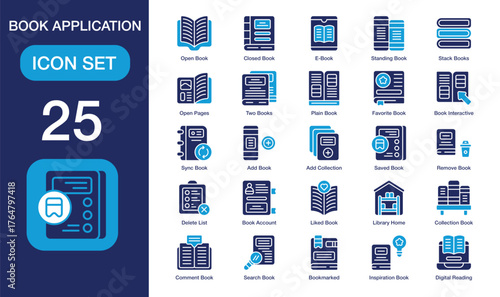Book Application set of icon in duotone style. Book Application user interface icon collection. Containing standing book, stack books, favorite book, collection book and more. Editable Stroke