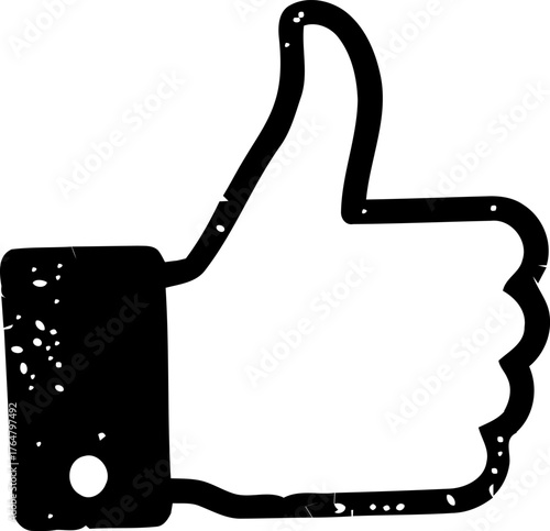 A bold black silhouette of a thumbs up hand gesture against a stark white background conveying approval