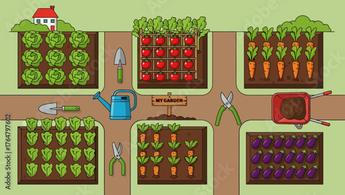 A vibrant overhead illustration of a well-organized home garden with various vegetables and gardening tools.
