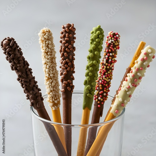 유리컵에 담긴 크리스피한 초코렛 빼빼로 과자