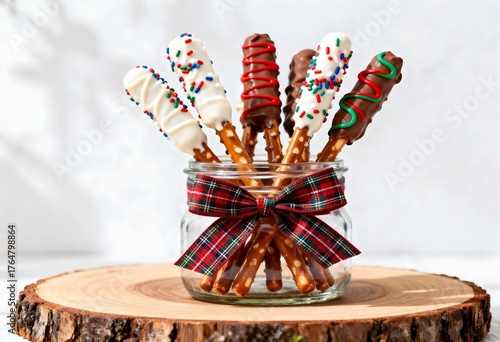 나무 위 리본이 달린 투명한 병에 담긴수제 막대 알록달한 빼빼로