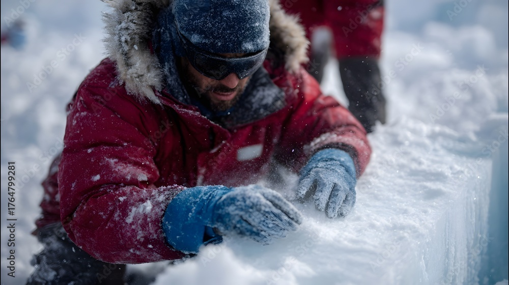 Fototapeta premium A scientist or explorer in extreme cold weather conditions works with ice samples outdoors
