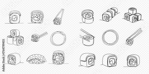 Hand-drawn sketch collection of various sushi and maki rolls, including nigiri and chopsticks, on a transparent background.