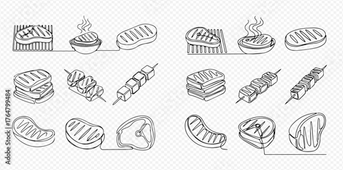 A collection of hand-drawn barbecue and grilled food items in outline style, featuring steaks, skewers, and patties.