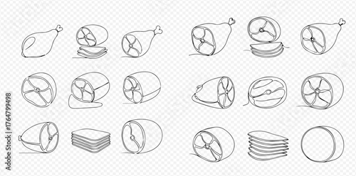 Continuous line art illustrations of various ham and deli meat products.