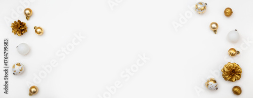 Modern New Year background in white and gold tones. Decorations on the sides form a frame and leave free copy space in the center.