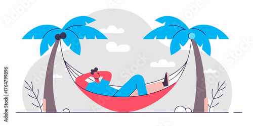 “Man relaxing in a hammock under palm trees with a tropical drink.”